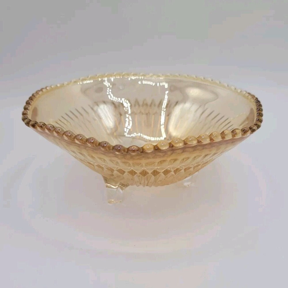 Vintage Jeanette Carnival Glass Amber 3 Footed Candy Dish Trinket Collectible‎